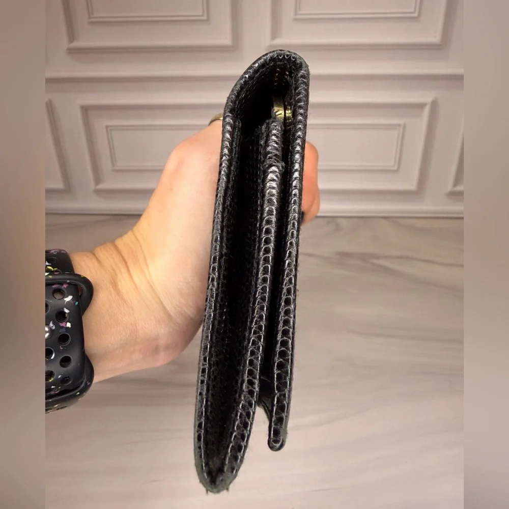 Salvatore Ferragamo Black Embossed Leather Long Wallet Gancini Gold Hardware